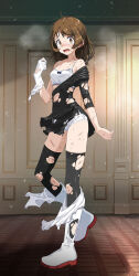1girl black_boots black_dress black_thighhighs blush boots bra breasts brown_eyes brown_hair bruise bruise_on_arm bruise_on_leg collarbone dress full_body gloves highres long_hair looking_at_viewer lyra_(pokemon) messy_hair nintendo open_mouth pokemon pokemon_hgss scared short_dress small_breasts solo standing sweatdrop thighhighs torn_boots torn_clothes torn_dress torn_gloves torn_thighhighs tsukishiro_saika underwear wavy_mouth white_bra white_gloves