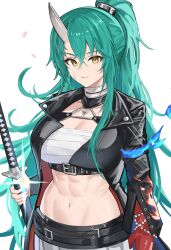 1girl abs absurdres arknights black_jacket crossed_bangs green_hair hair_between_eyes high_ponytail highres holding holding_sword holding_weapon horns hoshiguma_(arknights) hoshiguma_the_breacher_(arknights) jacket katana long_hair long_sleeves looking_at_viewer midriff navel official_alternate_costume open_clothes open_jacket ponytail rain_(rain8649) sheath simple_background single_horn smile solo sword unsheathing upper_body weapon white_background yellow_eyes