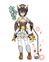 1girl animal_ear_headwear arch_bishop_(ragnarok_online) black_hair blush bow breasts brown_dress brown_eyes cleavage cleavage_cutout closed_mouth clothing_cutout commentary_request dress dress_bow fake_animal_ears frilled_dress frilled_sleeves frills full_body golf_club hat holding holding_golf_club long_sleeves looking_at_viewer medium_breasts monocle official_alternate_costume purple_hat ragnarok_iris ragnarok_online rimless_eyewear short_hair simple_background smile solo standing thighhighs two-tone_dress white_background white_dress white_thighhighs yellow_bow
