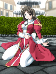 1girl back_bow bow breasts bush cobblestone commentary_request cross cross_necklace dress fountain frilled_thighhighs frills full_body grey_eyes grey_hair high_priest_(ragnarok_online) house jewelry juliet_sleeves long_hair long_sleeves looking_at_viewer medium_breasts necklace open_mouth outdoors pelvic_curtain puffy_sleeves ragnarok_online red_dress sash seiza sitting solo tatsumi_ray thighhighs two-tone_dress water white_bow white_dress white_sash white_thighhighs