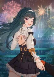 2girls absurdres aerial_fireworks aowow astra_yao astra_yao_(chandelier) belle_(zenless_zone_zero) black_dress black_hair black_ribbon blunt_bangs breasts building chain-link_fence commentary_request cowboy_shot detached_sleeves dress earrings eyeliner fence fingerless_gloves fireworks from_behind gloves hairband highres holding_hands jewelry large_breasts long_hair long_sleeves looking_at_viewer looking_back makeup mole mole_under_eye multiple_girls necklace night official_alternate_costume open_mouth orange_gloves pearl_necklace purple_eyes red_eyeliner ribbon smile teeth upper_teeth_only water white_hairband white_sleeves zenless_zone_zero