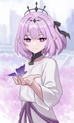 1girl absurdres aged_down black_bow bow bug butterfly butterfly_on_hand castorice_(honkai:_star_rail) chinese_commentary closed_mouth commentary_request dated dress hair_bow hand_up highres honkai:_star_rail honkai_(series) insect pointy_ears purple_butterfly purple_eyes purple_hair short_hair smile solo upper_body white_dress yitai_zhi_meng