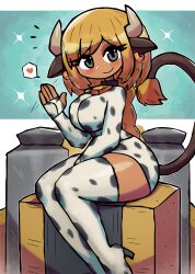 1girl absurdres animal_ears animal_print blonde_hair blush boots braid breasts collar cow_ears cow_girl cow_horns cow_print cow_tail cowbell dark_skin dress earrings fingerless_gloves gloves grey_eyes heart high_heels highres hoop_earrings horns jewelry large_breasts long_hair long_sleeves looking_at_viewer miu_(tony_welt) original print_dress print_gloves sitting smile sparkle speech_bubble spoken_heart tail thick_thighs thigh_boots thighs tony_welt waving white_background white_boots white_dress white_gloves wide_hips