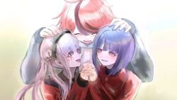 1girl 2boys ahoge brother_and_sister closed_eyes crying crying_with_eyes_open hair_between_eyes hand_on_another&#039;s_head holding_hands long_sleeves messy_hair multicolored_hair multiple_boys open_mouth pink_eyes pink_hair purple_hair red_hair red_shirt shirt siblings streaked_hair sumino_takumi tears teeth the_hundred_line_-last_defense_academy- tsukumo_ima tsukumo_kako twintails upper_body upper_teeth_only white_background yellow_background