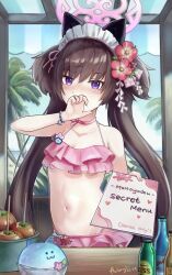 1girl absurdres animal_ears aviary bikini blue_archive blush breasts brown_hair cat_ears choker commentary covering_own_mouth dated english_commentary fake_animal_ears flower frilled_bikini frills hair_flower hair_ornament halo highres holding holding_menu loli long_hair looking_at_viewer maid_headdress menu official_alternate_costume pink_bikini pink_choker pink_halo shizuko_(blue_archive) shizuko_(swimsuit)_(blue_archive) signature small_breasts solo swimsuit twintails