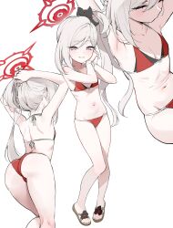 1girl absurdres adjusting_hair ass bare_arms bare_legs bare_shoulders bikini black_bikini blue_archive blush breasts closed_eyes closed_mouth full_body grey_hair halo halterneck hands_in_hair highres hyury loli long_hair looking_at_viewer multiple_views mutsuki_(blue_archive) pointy_ears purple_eyes red_bikini side_ponytail simple_background small_breasts smile standing stomach string_bikini swimsuit tying_hair white_background