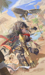 1girl absurdres alin_leng_bu_sheng arm_armor armlet bird black_gloves blonde_hair blue_eyes blue_sky breasts brown_hair clawed_gauntlets cloud commentary_request criss-cross_halter day dehya_(genshin_impact) desert dutch_angle earrings fingerless_gloves floating_clothes full_body genshin_impact glint gloves grin hair_between_eyes hair_ears halterneck hand_up highres jewelry kneeling large_breasts long_hair looking_at_viewer multicolored_hair multiple_thigh_straps oasis outdoors palm_tree pants pyramid_(structure) pyro_symbol_(genshin_impact) sand sky smile solo torn_clothes torn_pants tree two-tone_hair very_long_hair vision_(genshin_impact) water yellow_pupils