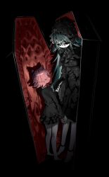 2girls absurdres animal_ears black_background black_bow black_bowtie black_dress black_gloves black_hairband black_shoes bow bowtie cat_ears cat_girl coffin cross_pendant dress frilled_dress frilled_hairband frilled_sleeves frills gloves gothic_lolita green_hair hairband height_difference highres lolita_fashion lolita_hairband long_hair long_sleeves looking_at_another multiple_girls original pale_skin pantyhose pink_hair red_eyes scocasr shadow shoes short_dress short_hair simple_background sleeve_cuffs smile white_pantyhose