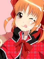 1girl :q bad_id bad_pixiv_id blush brown_eyes brown_hair censored cum cum_in_mouth cum_on_body facial fellatio happy licking one_eye_closed oral penis shugo_chara! solo_focus ta_(tama20150125) tongue tongue_out wink yuiki_yaya