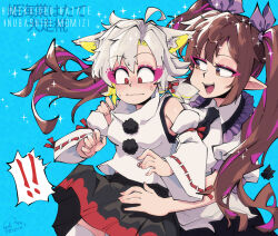 ! !! 2girls animal_ears black_skirt black_wings blonde_hair blue_background bow breasts brown_eyes brown_hair carte character_name collared_shirt colored_inner_hair commentary_request cowboy_shot detached_sleeves eyeshadow feathered_wings frilled_shirt_collar frills grey_hair groping hair_bow highres himekaidou_hatate inubashiri_momiji long_hair looking_at_another looking_down makeup medium_breasts multicolored_hair multiple_girls no_headwear open_mouth pink_eyeshadow pointy_ears pom_pom_(clothes) puffy_short_sleeves puffy_sleeves purple_bow purple_eyeshadow purple_hair red_eyes red_skirt ribbon-trimmed_sleeves ribbon_trim shirt short_hair short_sleeves simple_background skirt sleeveless sleeveless_shirt tail thighhighs touhou turtleneck turtleneck_shirt twintails two-tone_skirt white_shirt white_sleeves white_thighhighs wings wolf_ears wolf_girl wolf_tail yuri