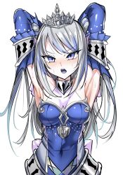 1girl angry armpit_crease armpit_focus armpits arms_up blue_dress blue_eyes blue_mouth blush covered_navel detached_sleeves dress duel_monster grey_hair highres lock long_hair looking_at_viewer padlock siren_(mythology) solo strapless strapless_dress synchroman tearlaments_scheiren tiara torso white_background yu-gi-oh!