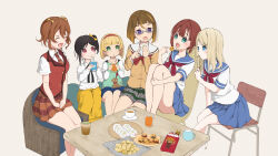 6+girls :o ^_^ absurdres aoiao aqua_eyes ayase_alisa steamed_bun bean_bag_chair black_ribbon blonde_hair blue_eyes blue_sailor_collar blue_skirt blunt_bangs blunt_ends bow bowtie brand_name_imitation breasts brown_cardigan brown_hair cardigan chips_(food) closed_eyes closed_mouth collarbone collared_shirt commentary_request cup dress_shirt drinking_straw drinking_straw_in_mouth food food_in_mouth green_eyes green_shirt green_skirt green_tea grey_background grey_skirt hair_bow hairband heanna_sumire&#039;s_sister highres holding holding_food in-franchise_crossover juice knees_up konoe_haruka kosaka_yukiho long_hair long_skirt long_sleeves love_live! love_live!_nijigasaki_high_school_idol_club love_live!_school_idol_festival love_live!_school_idol_project love_live!_sunshine!! love_live!_superstar!! lower_teeth_only medium_breasts miniskirt mug multiple_girls neck_ribbon neckerchief necktie on_chair open_mouth orange_juice orange_neckerchief orange_skirt pleated_skirt pocky potato_chips purple_eyes red_bow red_bowtie red_eyes red_hairband red_neckerchief red_necktie red_skirt red_vest ribbon sailor_collar saucer school_uniform serafuku shibuya_aria shirt short_hair short_sleeves side_ponytail simple_background sitting skirt small_breasts smile table takoyaki tea teacup teeth tongue trait_connection twintails two-tone_necktie two-tone_skirt vest white_sailor_collar white_shirt white_sleeves yazawa_cocoro yellow_bow yellow_skirt