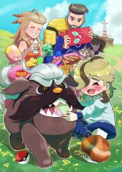 1girl 2boys ^_^ aged_down artist_name arven_(pokemon) backpack bag bare_arms beard berry_(pokemon) black_eyes black_hair blue_bodysuit blue_eyes blue_pants blue_sky blush bodysuit bottle breasts brown_eyes brown_hair buck_teeth capsakid child closed_eyes cloud collared_shirt commentary cup earrings facial_hair family fangs father_and_son flower food gen_1_pokemon gen_4_pokemon gen_8_pokemon grass grin hair_ornament hair_over_one_eye highres holding holding_bottle holding_phone husband_and_wife indian_style jewelry lighthouse long_hair looking_at_another lum_berry mabosstiff medium_breasts medium_hair mother_and_son mouth_hold multicolored_hair multiple_boys nacli nintendo open_mouth orange_tank_top outdoors pants petting phone picnic_basket pikachu playing poke_ball poke_ball_(basic) pokemon pokemon_(creature) pokemon_sv rock rotom rotom_phone sada_(pokemon) sandwich sharp_teeth sheyona shirt short_hair sitrus_berry sitting skwovet sky sleeveless smile table tablecloth tail tail_wagging tank_top teeth toedscool turo_(pokemon) two-tone_hair undercut white_shirt yarn yarn_ball yellow_flower