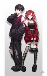 1boy 1girl absurdres belt black_bag black_belt black_collar black_hair black_shoes black_skirt bokuhakiyoshi boots brown_hair brown_jacket closed_mouth collar cross cross_earrings cross_necklace ear_piercing earrings fishnet_thighhighs fishnets full_body heart heart_o-ring highres jacket jewelry long_hair looking_at_viewer multicolored_hair necklace nijisanji o-ring off_shoulder pants piercing pillarboxed purple_eyes purple_hair red_hair red_jacket sakayori_soma saotome_berry shoes short_hair signature skirt spaghetti_strap standing tank_top thigh_strap thighhighs torn_clothes torn_pants two-tone_hair very_short_hair virtual_youtuber white_hair yellow_eyes