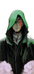 artist_name bad_id bad_twitter_id beard_stubble black_hair closed_mouth coracoras2 facial_hair facial_mark green_hood highres hood hood_up hooded_coat long_hair looking_at_viewer male_focus monkey_d._dragon one_eye_covered one_piece rain solo stubble water_drop