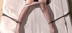 1girl absurdres bdsm bed bondage bound brown_skirt character_request clothes_pull feet highres legs_apart on_bed panties pantyhose pantyhose_pull shibari skirt tagme toes underwear yewang19