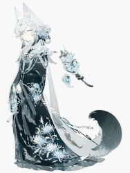 1girl absurdres animal animal_ear_fluff animal_ears bag bbchao bead_necklace beads bell black_kimono closed_mouth colored_tips creature crossed_bangs floral_print fox_ears fox_tail full_body fur_collar gradient_hair grey_background grey_hair happy_birthday highres holding holding_bag japanese_clothes jewelry kimono long_hair long_sleeves looking_at_viewer multicolored_hair necklace original sample_watermark simple_background snake solo standing tail watermark white_hair