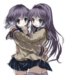 Rule 34 | 2girls, :d, arm around waist, blazer, blue eyes, blue skirt, blush, clannad, commentary request, cowboy shot, eyelashes, floating hair, fujibayashi kyou, fujibayashi ryou, grey background, hair between eyes, hair intakes, hair ribbon, hand on another&#039;s shoulder, highres, hikarizaka private high school uniform, hug, jacket, kasukasugom1, long hair, long sleeves, looking at viewer, miniskirt, multiple girls, open mouth, parted lips, pleated skirt, purple eyes, purple hair, ribbon, sailor collar, school uniform, short hair, siblings, sidelocks, simple background, sisters, skirt, smile, standing, thighhighs, tress ribbon, twins, v-shaped eyebrows, very long hair, white ribbon, white sailor collar, white thighhighs, yellow jacket, zettai ryouiki