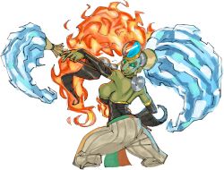 1girl absurdres breasts broom dark-skinned_female dark_skin detached_sleeves fire forehead_jewel from_behind gerudo grey_hair grin harem_pants highres ice large_breasts long_hair looking_at_viewer nintendo pants puffy_pants ratf red_lips shirt smile solo the_legend_of_zelda the_legend_of_zelda:_ocarina_of_time tight_clothes tight_shirt twinrova twintails wand white_background