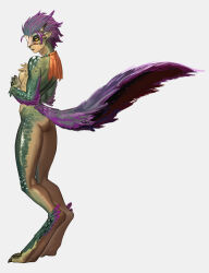 1girl absurdres ass bare_back black_lips black_sclera breasts capelet clawed_feet clawed_hands colored_sclera colored_skin expressionless feathers from_side full_body green_scarf highres horns kazukida looking_at_viewer mask medium_breasts monster monster_hunter_(series) monster_hunter_wilds multicolored_hair multicolored_skin o-ring orange_capelet personification pointy_ears purple_feathers purple_hair scarf seikret_(monster_hunter) short_hair sideboob simple_background skirt solo standing tomboy white_background yellow_eyes yellow_skirt