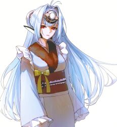 ahoge alternate_costume android antenna_hair blue_hair dress forehead_protector headgear highres japanese_clothes kimono kos-mos long_hair long_sleeves madou_zakura red_eyes ribbon white_dress xenosaga xenosaga_episode_iii