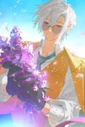 Rule 34 | 1boy, absurdres, aqua necktie, black gloves, blue eyes, blue hair, blue sky, buttons, collared shirt, commentary, day, debonheir (kaelix debonair), earrings, english commentary, flower, gloves, gold ring, gradient hair, grin, hair between eyes, hands up, highres, holding, holding flower, hyacinth, jacket, jacket on shoulders, jewelry, kaelix debonair, kaohom503, lapels, lens flare, light particles, long sleeves, male focus, multicolored hair, multiple rings, necktie, nijisanji, nijisanji en, outdoors, pink flower, purple-tinted eyewear, ring, round eyewear, shirt, short hair, sky, smile, solo, sunglasses, teeth, tinted eyewear, vest, virtual youtuber, white hair, white shirt, wing collar, yellow jacket, yellow vest