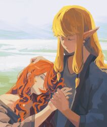 2girls blonde_hair blue_eyes closed_eyes closed_mouth elf flamme_(sousou_no_frieren) highres holding_hands long_hair multiple_girls pointy_ears red_hair sebu serie_(sousou_no_frieren) sousou_no_frieren upper_body