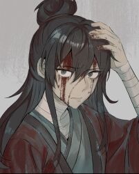 1boy 52huoying arm_up bandaged_arm bandaged_neck bandages black_eyes black_hair blood blood_on_face blood_on_hands chinese_commentary closed_mouth coat dao_gui_yi_xian frown grey_background grey_hanfu hair_between_eyes hair_bun half_updo hand_on_own_head hand_up injury li_huowang long_hair long_sleeves looking_at_viewer male_focus red_coat robe sidelocks simple_background single_hair_bun solo upper_body wide_sleeves