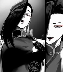 1girl black_lagoon breasts dress earrings eyeshadow hair_over_one_eye jewelry large_breasts makeup mostlybluewyatt shenhua smile