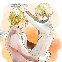 2boys age_difference artist_request blonde_hair brothers carrying crisis_core_final_fantasy_vii final_fantasy final_fantasy_vii formal_clothes glasses gloves lazard_deusericus lowres male_focus multiple_boys parted_lips profile rufus_shinra short_hair siblings smile square_enix suit white_gloves