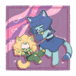 2girls animal_ear_fluff animal_ears animal_hands bell blonde_hair blue_hair blue_skin blush_stickers border cat_ears cat_tail closed_eyes colored_skin drooling full_body green_skin karin_(100100) kemonomimi_mode lapis_lazuli_(steven_universe) mouth_drool multiple_girls neck_bell peridot_(steven_universe) purple_background steven_universe tail white_border