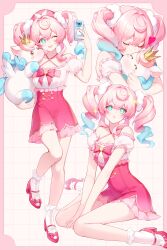 1girl :o absurdres animal aqua_eyes aqua_hair breasts cleavage commentary crown dress drill_hair hat heart high_heels highres holding holding_animal holding_phone honkai:_star_rail honkai_(series) hyacine_(honkai:_star_rail) little_ica_(honkai:_star_rail) medium_breasts minzu_u multicolored_hair multiple_views one_eye_closed phone pink_hair red_dress red_hat selfie sitting symbol-only_commentary twin_drills two-tone_hair wariza white_background