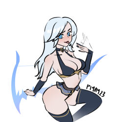 1girl artist_name ashe_(league_of_legends) bikini black_nails black_shirt black_thighhighs blue_eyes bow_(weapon) breasts cleavage collarbone crop_top elbow_gloves fanning_face fanning_self gloves highres large_breasts league_of_legends long_hair microskirt piyay23 shirt skindentation skirt solo swimsuit thighhighs tongue tongue_out weapon white_background white_hair