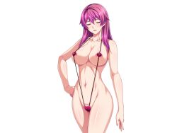 Rule 34 | 1girl, areola slip, blush, breasts, closed eyes, collarbone, covered erect nipples, cowboy shot, game cg, gentle sasaki, hand on own hip, large breasts, large variant set, long hair, navel, non-web source, official art, open mouth, pink hair, purple hair, shindou hatsune, slingshot swimsuit, solo, soukou senki prism reica, swimsuit, transparent background, variant set