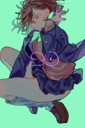 10matomat0 1girl adjusting_hair aqua_background aqua_bow aqua_bowtie arm_between_legs ayase_momo blue_jacket blue_skirt bow bowtie brown_eyes brown_hair brown_shoes dandadan earrings full_body glint hair_between_eyes jacket jewelry legs long_sleeves looking_at_viewer loose_socks miniskirt open_clothes open_jacket parted_lips pink_sweater pleated_skirt school_uniform shoes short_hair skirt socks solo sparkle sweater thighs white_socks