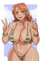 1girl bikini breasts cloud cloudy_sky curvy double_v earrings green_bikini gud0c gudoc highleg highleg_bikini highres jewelry large_breasts long_hair looking_at_viewer nami_(one_piece) one_piece orange_hair outdoors shiny_skin shoulder_tattoo sky solo swimsuit tattoo thong thong_bikini v very_long_hair wet wide_hips