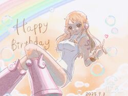 1girl :q bangle bare_shoulders birthday boots bracelet breasts brown_eyes bubble closed_mouth cloud dated foot_out_of_frame hand_on_own_cheek hand_on_own_face happy_birthday headphones heart highres jewelry leotard long_hair looking_at_viewer medium_breasts nami_(one_piece) official_alternate_costume one_piece orange_hair pink_boots rainbow shoulder_tattoo sleeveless smile solo tattoo tongue tongue_out wavy_hair white_leotard yukihirashiro12