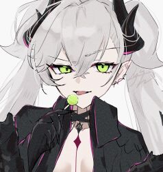 Rule 34 | 1girl, black hands, black jacket, breasts, candy, colored extremities, fate/grand order, fate (series), food, green eyes, highres, holding, holding candy, holding food, holding lollipop, horns, izanaware game, jacket, lilith (fate), lilith (second ascension) (fate), lollipop, long hair, looking at viewer, pointy ears, solo, tongue, tongue out, twintails, white background, white hair