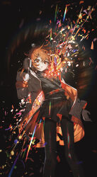 1girl a.i._voice absurdres adachi_rei black_pantyhose black_shirt black_skirt blush brown_eyes brown_hair bursting gloves highres holding jacket kieed long_hair looking_at_viewer open_mouth pantyhose revision screw shirt short_hair sidelocks skirt solo utau very_long_hair white_gloves white_jacket