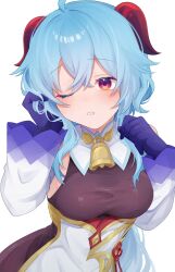 1girl ahoge bare_shoulders bell blue_gloves blue_hair blush breasts detached_sleeves ganyu_(genshin_impact) genshin_impact gloves gold_trim highres horns long_hair looking_at_viewer medium_breasts neck_bell one_eye_closed purple_eyes red_rope rope setonogiwa sidelocks solo upper_body white_background white_sleeves