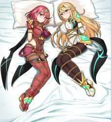2girls absurdres arms_behind_back black_pantyhose blonde_hair blush breasts dress frown highres large_breasts long_hair looking_at_viewer lying microdress multiple_girls mythra_(xenoblade) on_side pantyhose pyra_(xenoblade) red_bodystocking red_eyes red_hair red_shorts red_thighhighs restrained shibari shorts smile thighhighs white_dress xenoblade_chronicles_(series) xenoblade_chronicles_2 yellow_eyes yukumo_no_ki