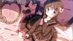 1girl black_dress blue_eyes blush brown_hair chinomaron dress finger_to_mouth frilled_dress frills heart-shaped_pillow highres indoors long_hair long_sleeves looking_at_viewer on_bed original ribbon sitting solo stuffed_animal stuffed_toy wariza