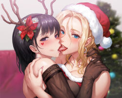 antlers black_hair blonde_hair blue_eyes breasts christmas christmas_tree dress earrings elbow_gloves flower french_kiss gloves grabbing_another&#039;s_shoulder hair_flower hair_ornament hat highres horns jewelry kiss lipstick looking_at_viewer makeup original purple_eyes red_dress red_lips reindeer_antlers saliva saliva_trail santa_hat tongue yuri yuritamashi