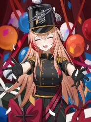 1girl absurdres alternate_costume black_gloves black_hat blonde_hair girls&#039;_frontline gloves hat highres long_hair m4_sopmod_ii_(girls&#039;_frontline) multicolored_hair open_mouth outstretched_arms red_eyes red_hair solo streaked_hair user_rdks7224