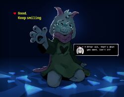 Rule 34 | 1boy, blood, blood on face, closed eyes, closed mouth, commentary, deltarune, dialogue box, dialogue options, english commentary, english text, facing viewer, fang, fangs, glass shards, green robe, heart, highres, horns, justpotatonow, kneeling, pink scarf, ralsei, robe, round eyewear, scarf, skin fangs, smile, tearing up, tears, waving, white fur