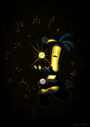 Rule 34 | absurdres, belt, belt buckle, black background, buckle, coin, commentary request, cucumber (wanton9cum), cupping hands, fang, gholdengo, glowing, highres, nintendo, open mouth, own hands together, pokemon, pokemon (creature), signature, skin fang, solo, yellow eyes, yellow pupils