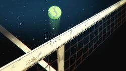 ball comic_panel_redraw commentary_request derivative_work hachura hatching_(texture) highres jojo_no_kimyou_na_bouken motion_blur net no_humans official_style signature space steel_ball_run tennis_ball tennis_net