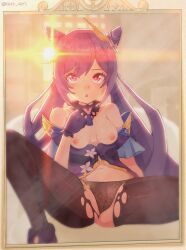 1girl :o absurdres bare_shoulders black_panties black_pantyhose blush breasts breasts_out brown_background choker cone_hair_bun double_bun dress film_grain flower fray_(fray_arts) frilled_gloves frills genshin_impact gloves hair_bun hair_ears hair_ornament hair_ornament_request heavy_lens_flare highres indoors keqing_(genshin_impact) lens_flare long_hair looking_at_mirror looking_at_viewer medium_breasts mirror nipples open_mouth panties pantyhose purple_dress purple_eyes purple_gloves purple_hair pussy see-through_underwear short_dress sitting solo torn_clothes torn_pantyhose twintails twitter_username underwear white_flower