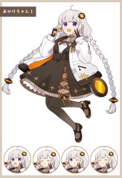 Rule 34 | 1girl, :d, :o, ;q, ahoge, binchou maguro, black dress, black pantyhose, black shoes, blue eyes, blush, border, brown border, brown gloves, character name, closed eyes, closed mouth, collared shirt, commentary request, contrast collar, cookie, dress, food, full body, gloves, grey hair, hair ornament, hands up, high heels, highres, holding, holding cookie, holding food, jacket, kizuna akari, long hair, long sleeves, looking at viewer, multiple expressions, neck ribbon, one eye closed, open clothes, open jacket, open mouth, pantyhose, partially fingerless gloves, ribbon, shirt, shoes, simple background, smile, star-shaped cookie, star-shaped food, star (symbol), tongue, tongue out, translated, very long hair, vocaloid, voiceroid, white background, white jacket, white shirt