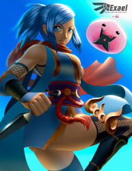 1girl absurdres black_thighhighs blue_background blue_dress blue_eyes blue_hair breasts closed_mouth commentary crescent dagger dress english_commentary exael feet_out_of_frame fishnet_thighhighs fishnets high_ponytail highres holding holding_dagger holding_knife holding_weapon knife kunai large_breasts medium_hair ninja ninja_(ragnarok_online) obi obijime ponytail poring purple_sash ragnarok_online reverse_grip sash short_dress shuriken sidelocks sleeveless sleeveless_dress slime_(creature) smile solo thighhighs vambraces weapon